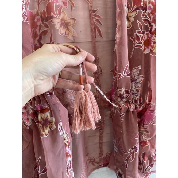 Womens One Size Pink Floral Sheer Kimono Pool Beach Cover Up Sexy Robe Bohemian - Picture 4 of 5